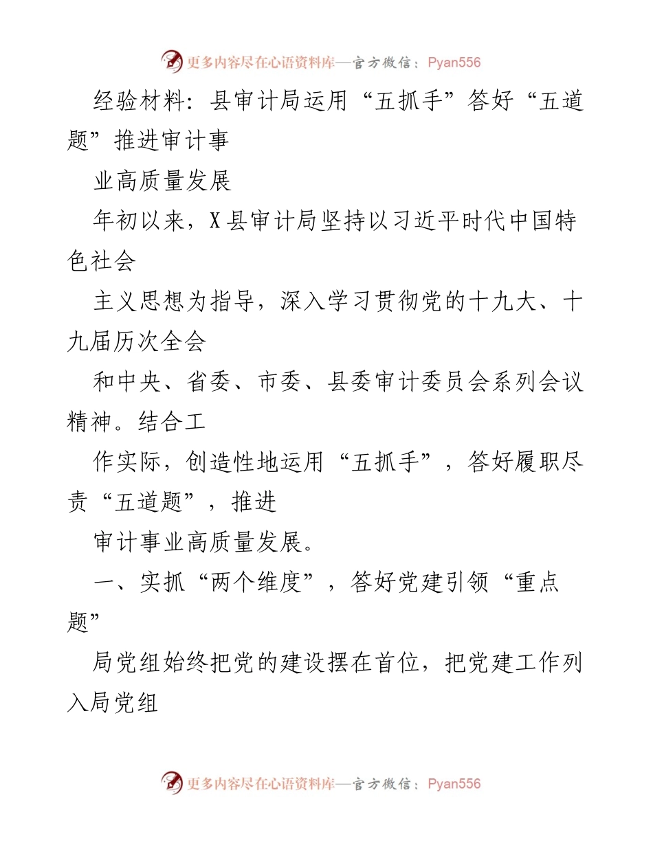 [经验材料] 县审计局 - 推动审计事业高质量发展的“五抓手”与“五道题”.docx_第1页