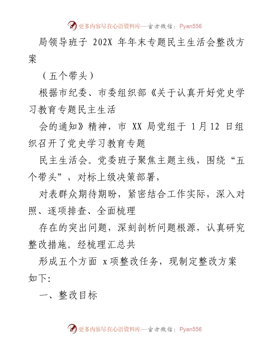 [整改方案] 年末专题民主生活会 - 局领导班子202X年专题民主生活会整改方案.docx_第1页