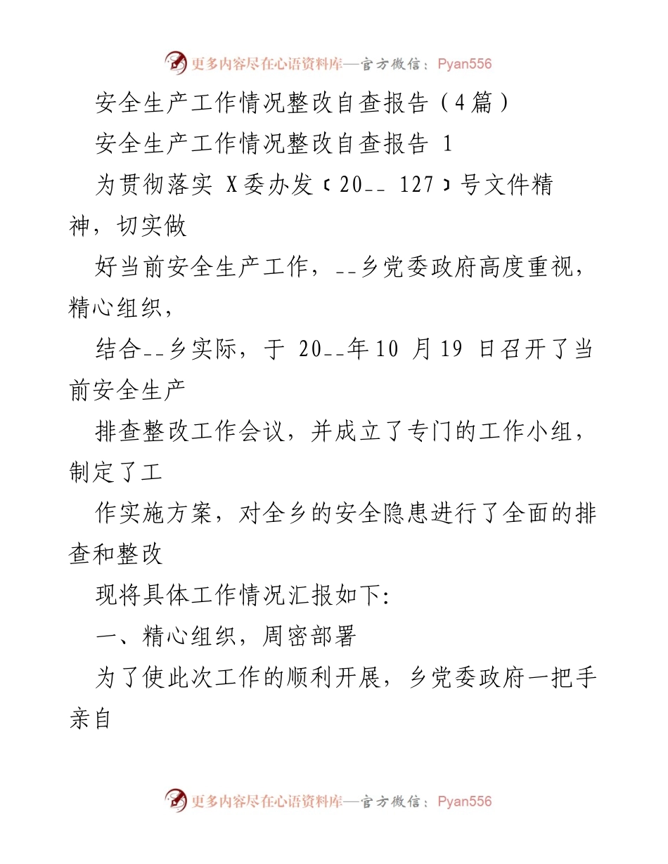 [整改报告] 安全生产工作会议 - 安全生产工作整改自查报告总结.docx_第1页