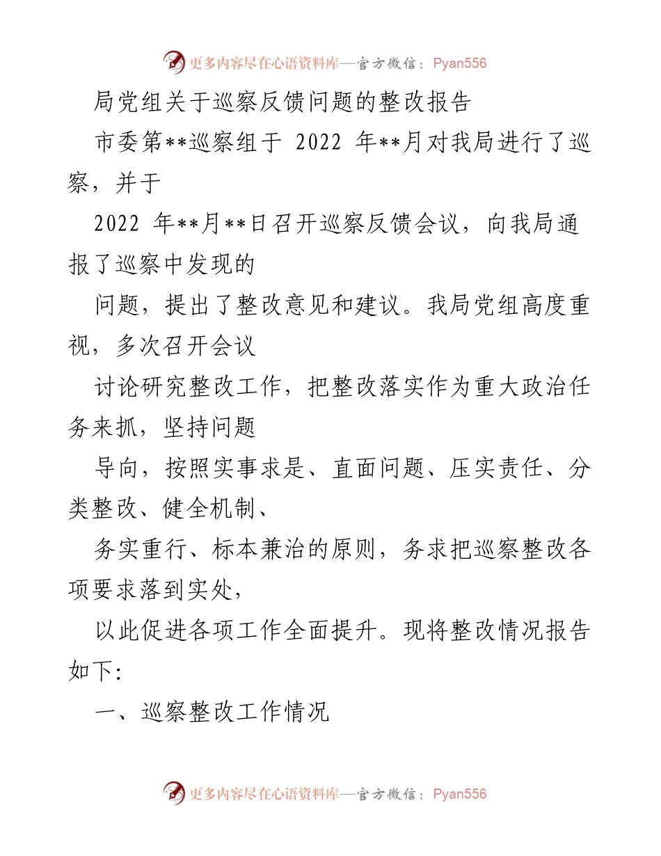 [整改报告] 巡察反馈 - 局党组巡察反馈问题整改工作报告.docx_第1页