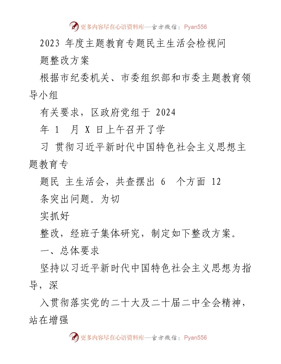 [整改方案] 主题教育专题民主生活会 - 2023年度主题教育整改方案.docx_第1页