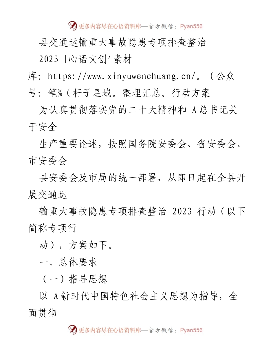 [行动方案] 交通安全整治 - 交通运输重大事故隐患专项排查整治2023行动方案.docx_第1页