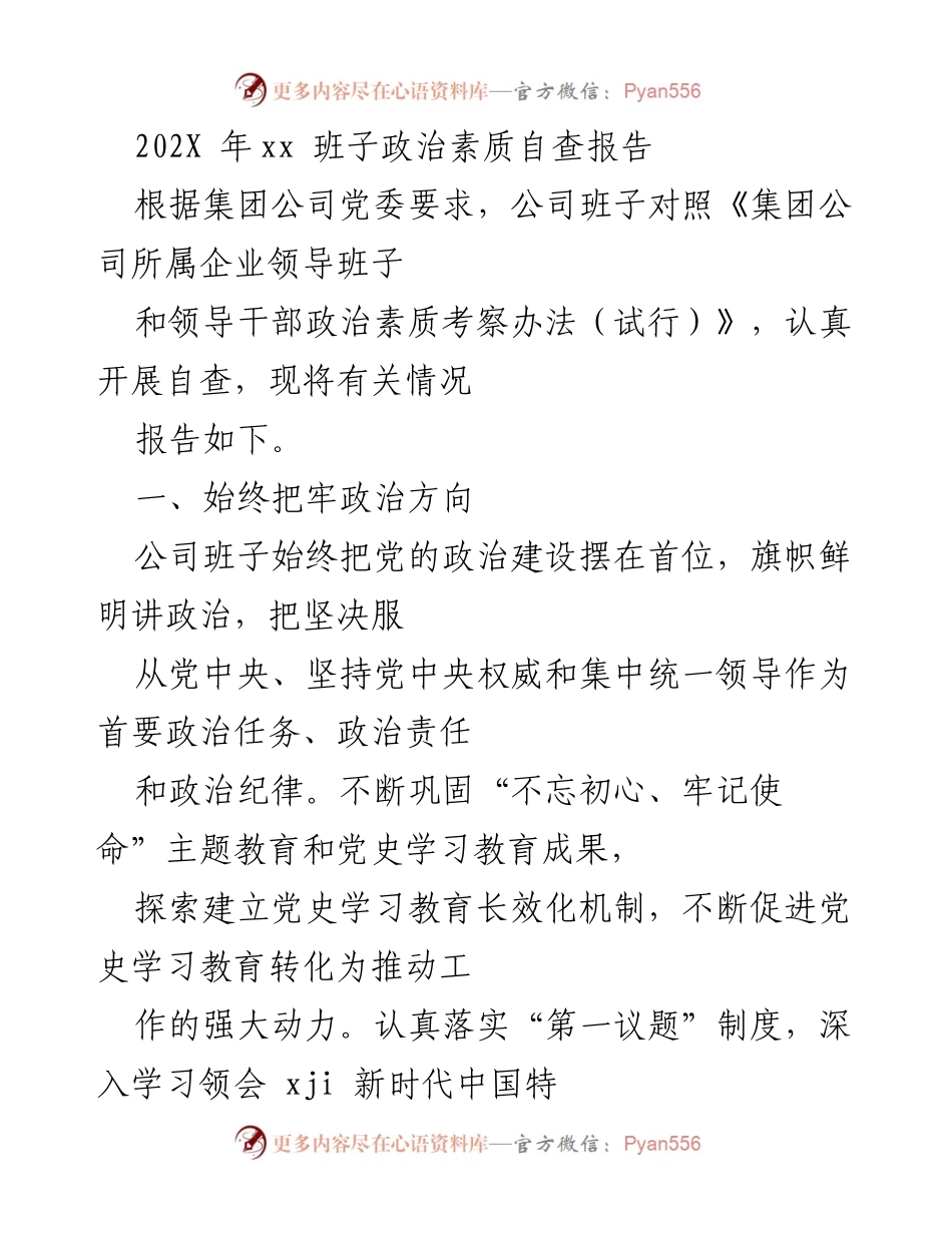 [自查报告] 政治素质 - 202X年公司班子政治素质自查报告.docx_第1页