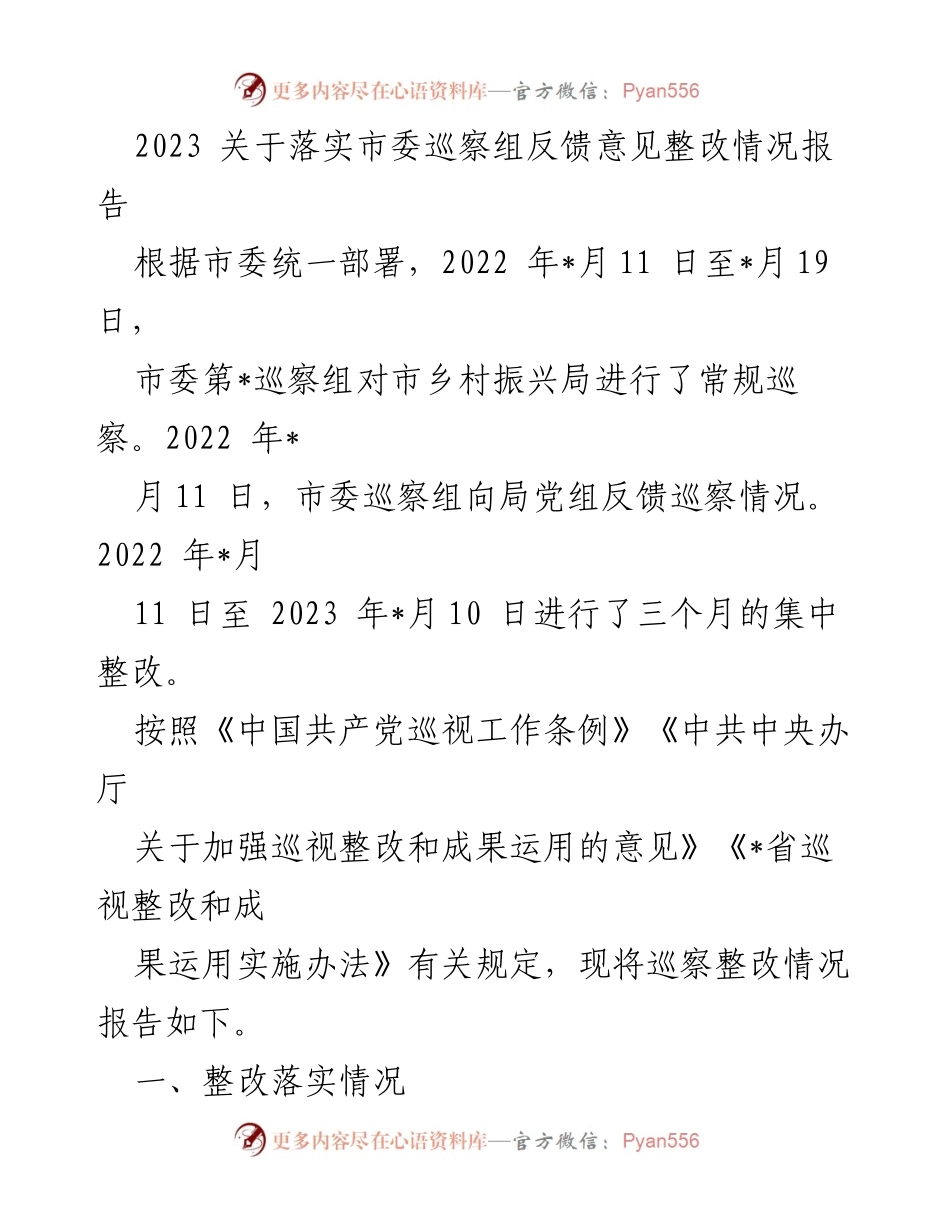 [调研报告] 巡察整改 - 2023年市乡村振兴局巡察整改情况报告.docx_第1页