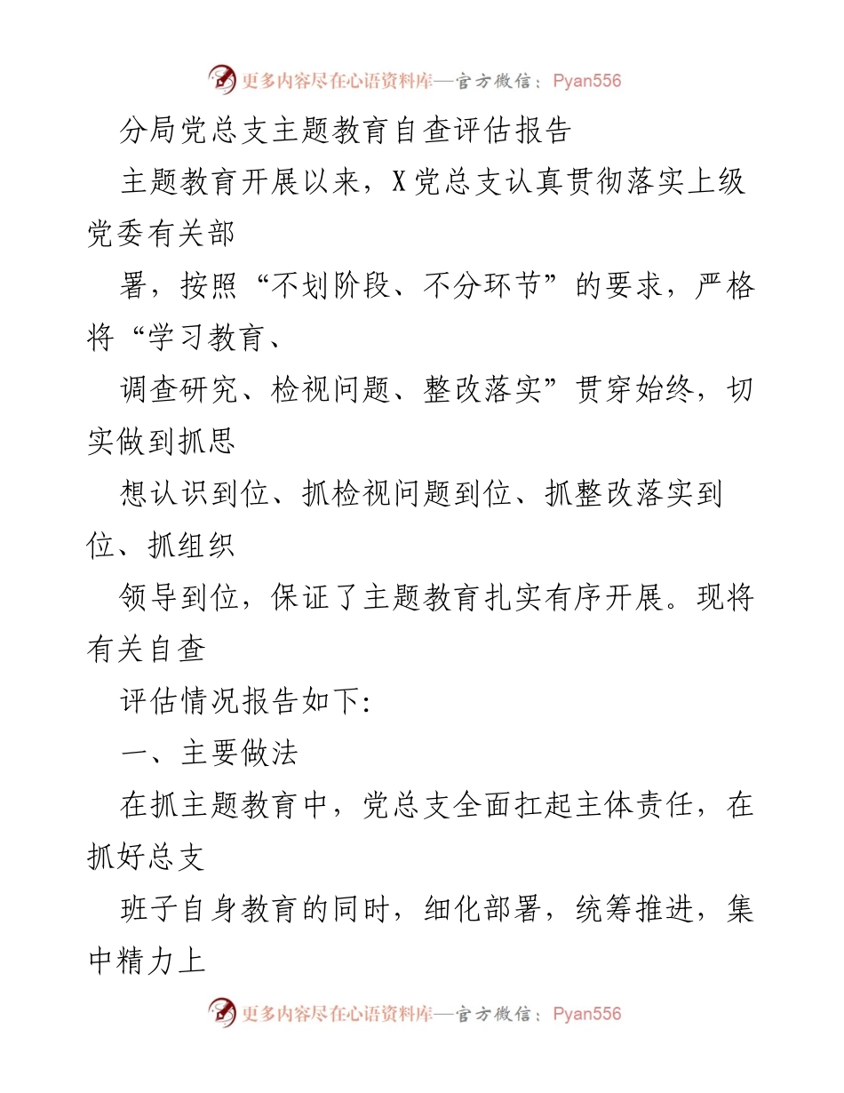 [自查评估报告] 主题教育 - 分局党总支主题教育自查评估报告.docx_第1页
