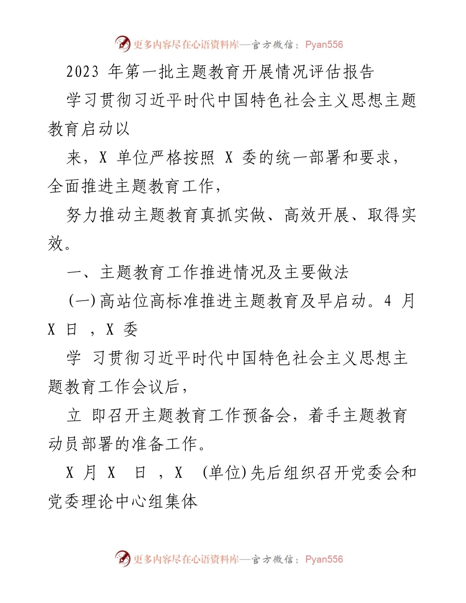 [调研报告] 主题教育评估 - 2023年第一批主题教育开展情况评估报告.docx_第1页