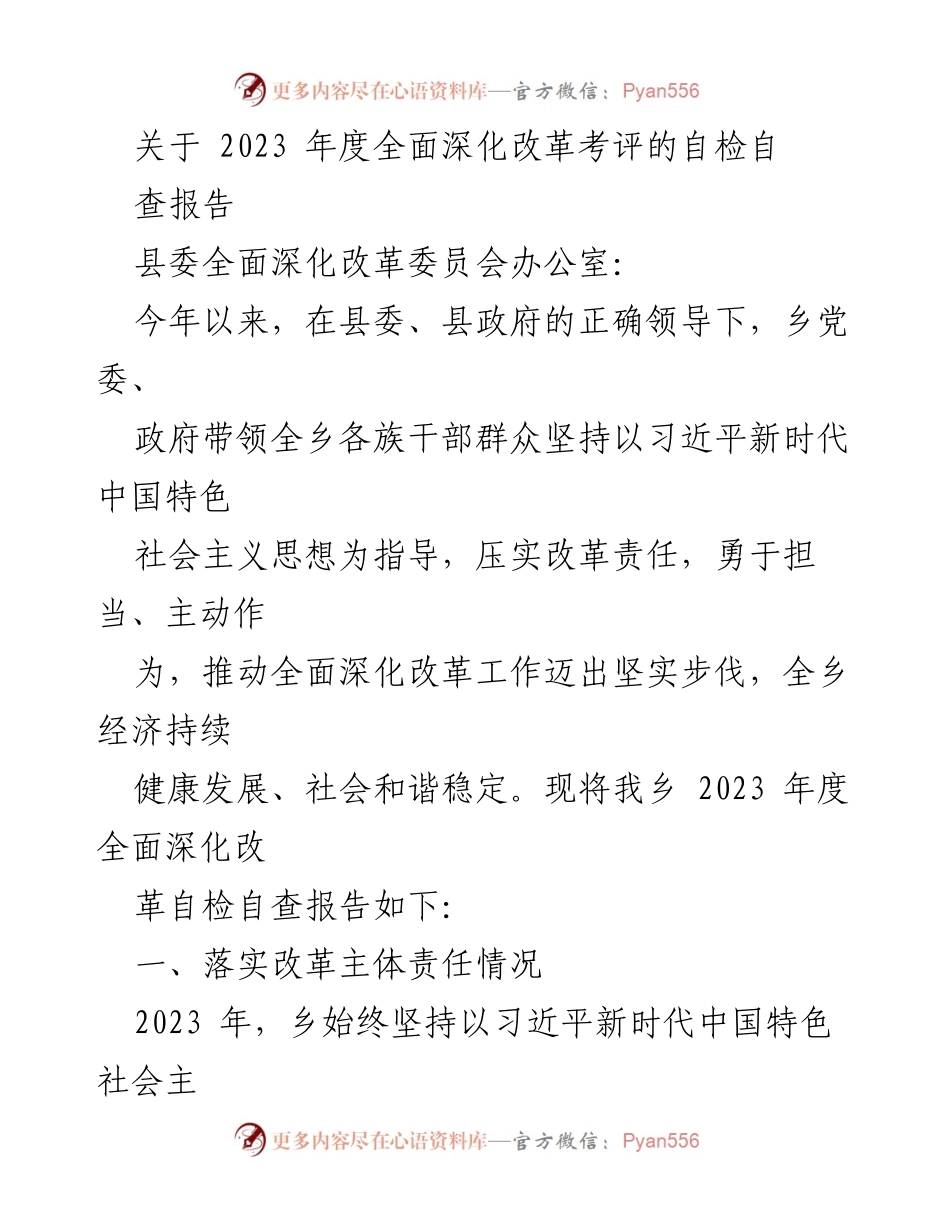 [自检自查报告] 政府工作 - 2023年度全面深化改革自检自查报告.docx_第1页