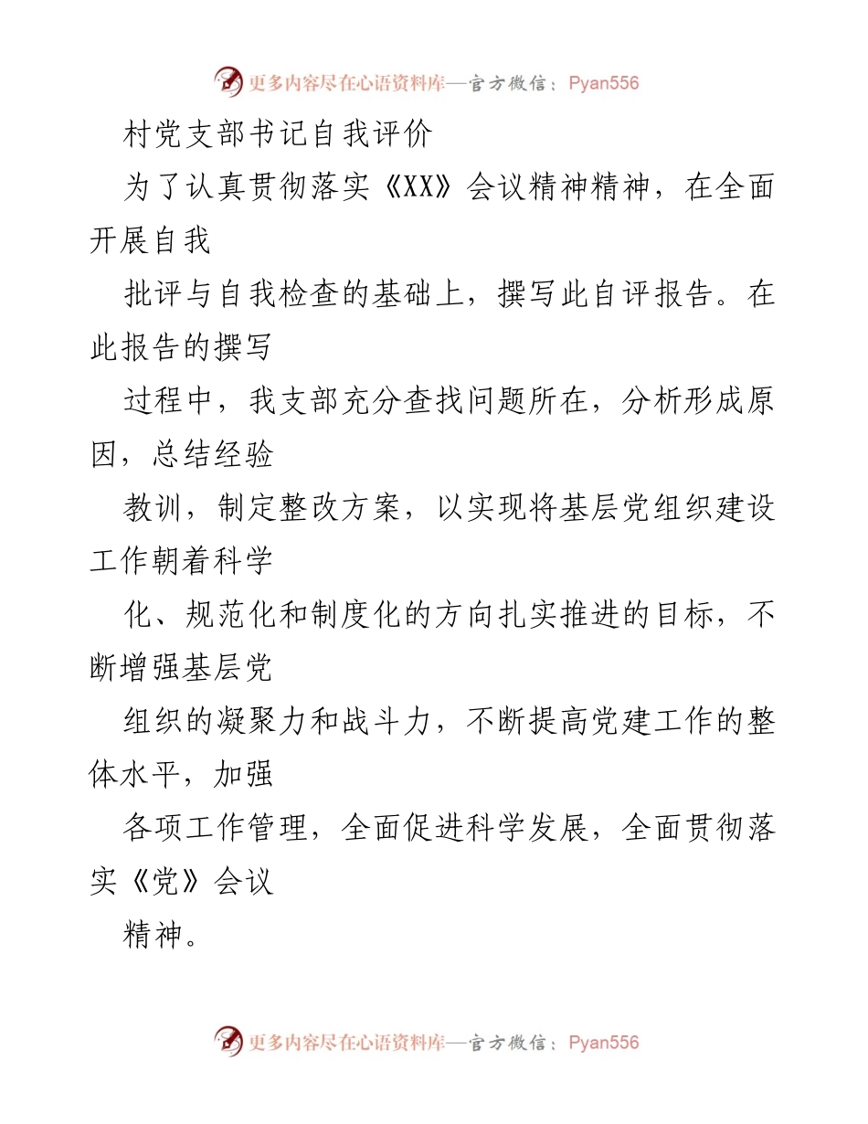 [自评报告] 村党支部 - 村党支部书记自我评价与整改方案总结.docx_第1页