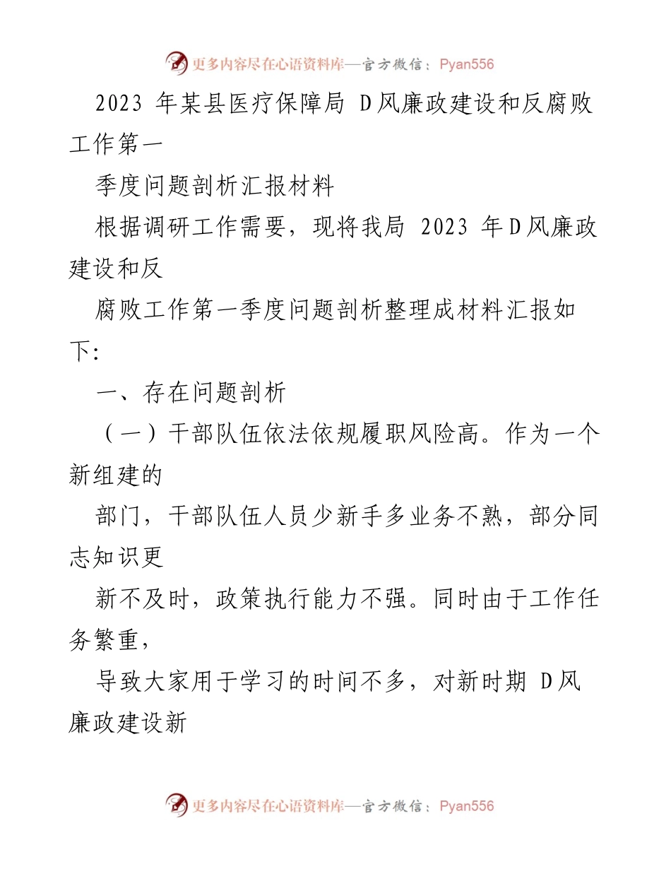 [调研报告] 医疗保障局 - 2023年第一季度D风廉政建设与反腐败工作问题剖析报告.docx_第1页