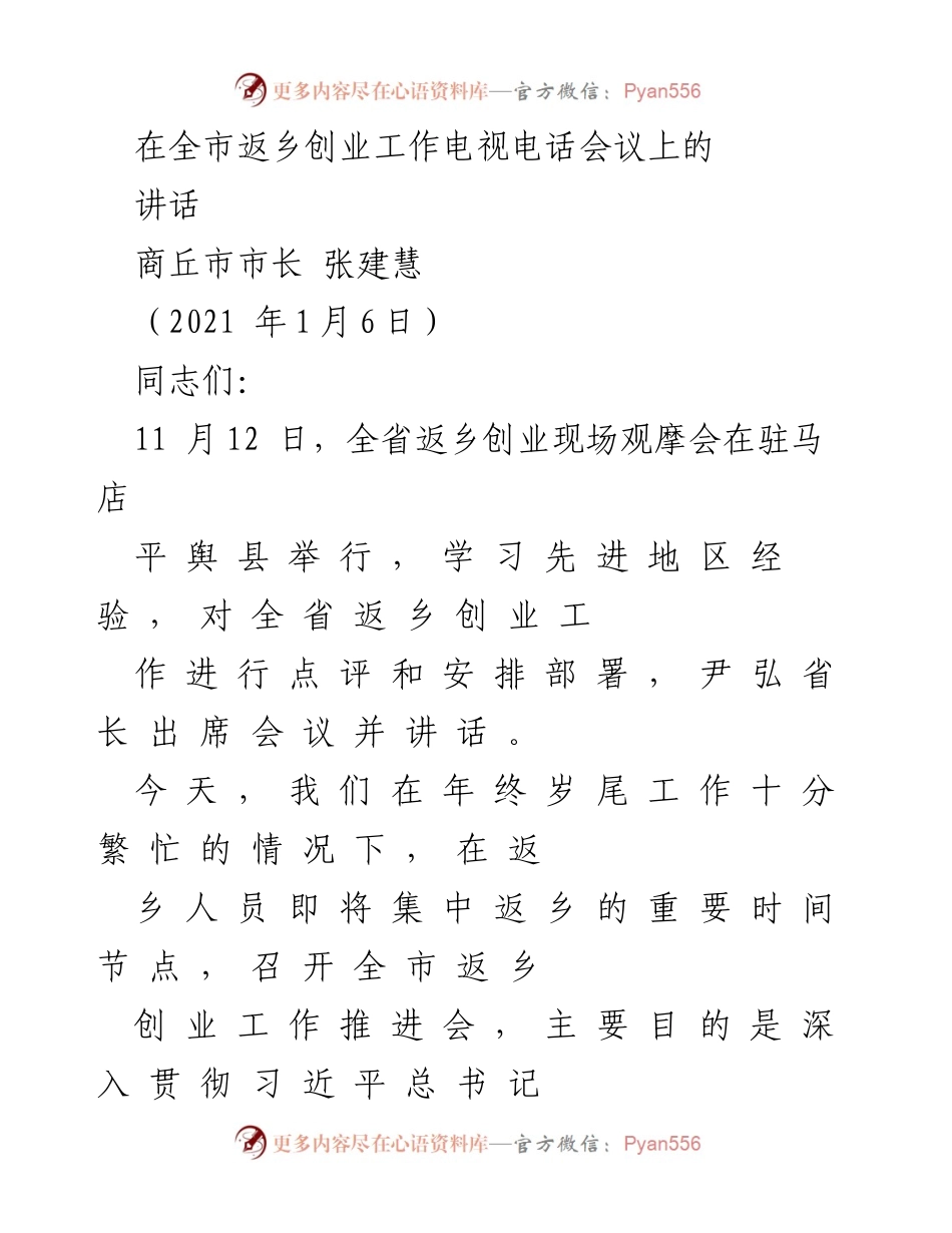 [讲话] 全市返乡创业工作电视电话会议 - 推动全市返乡创业高质量发展的重要讲话.docx_第1页