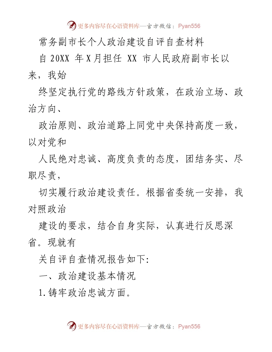 [自评报告] 政治建设 - 常务副市长政治建设自评自查材料.docx_第1页