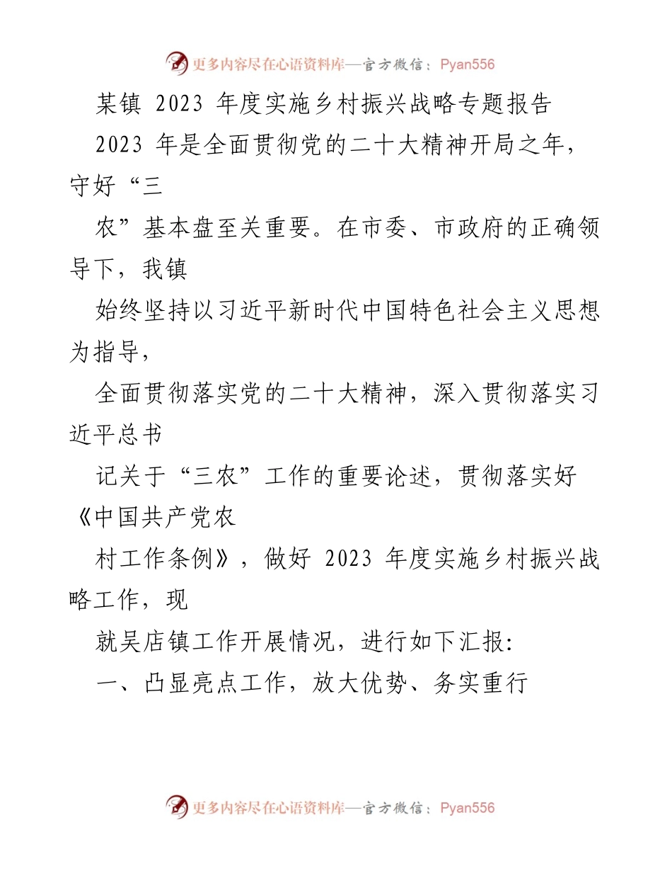 [调研报告] 乡村振兴 - 吴店镇2023年度乡村振兴战略实施情况汇报.docx_第1页