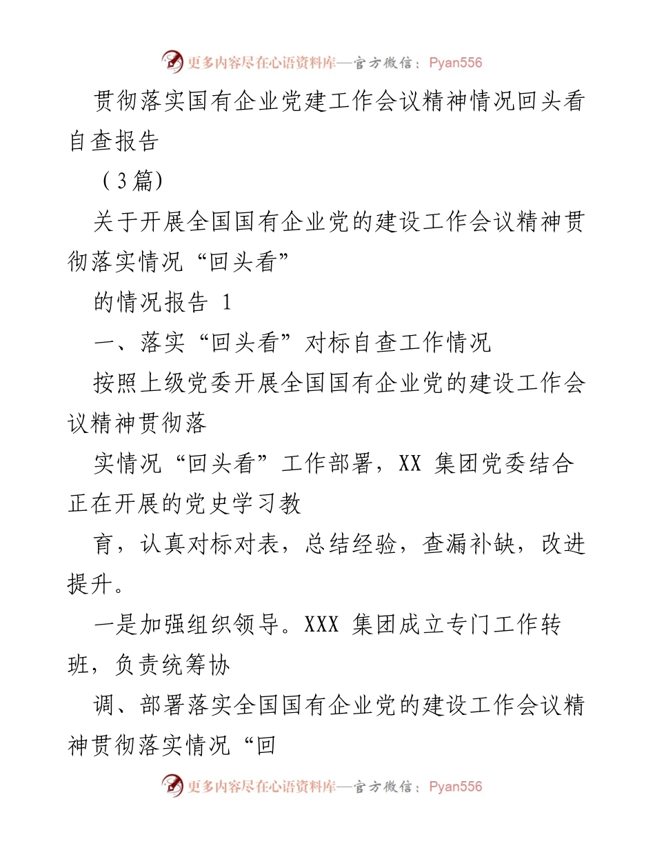 [自查报告] 国有企业党建工作 - 贯彻落实国有企业党建工作会议精神情况自查报告.docx_第1页