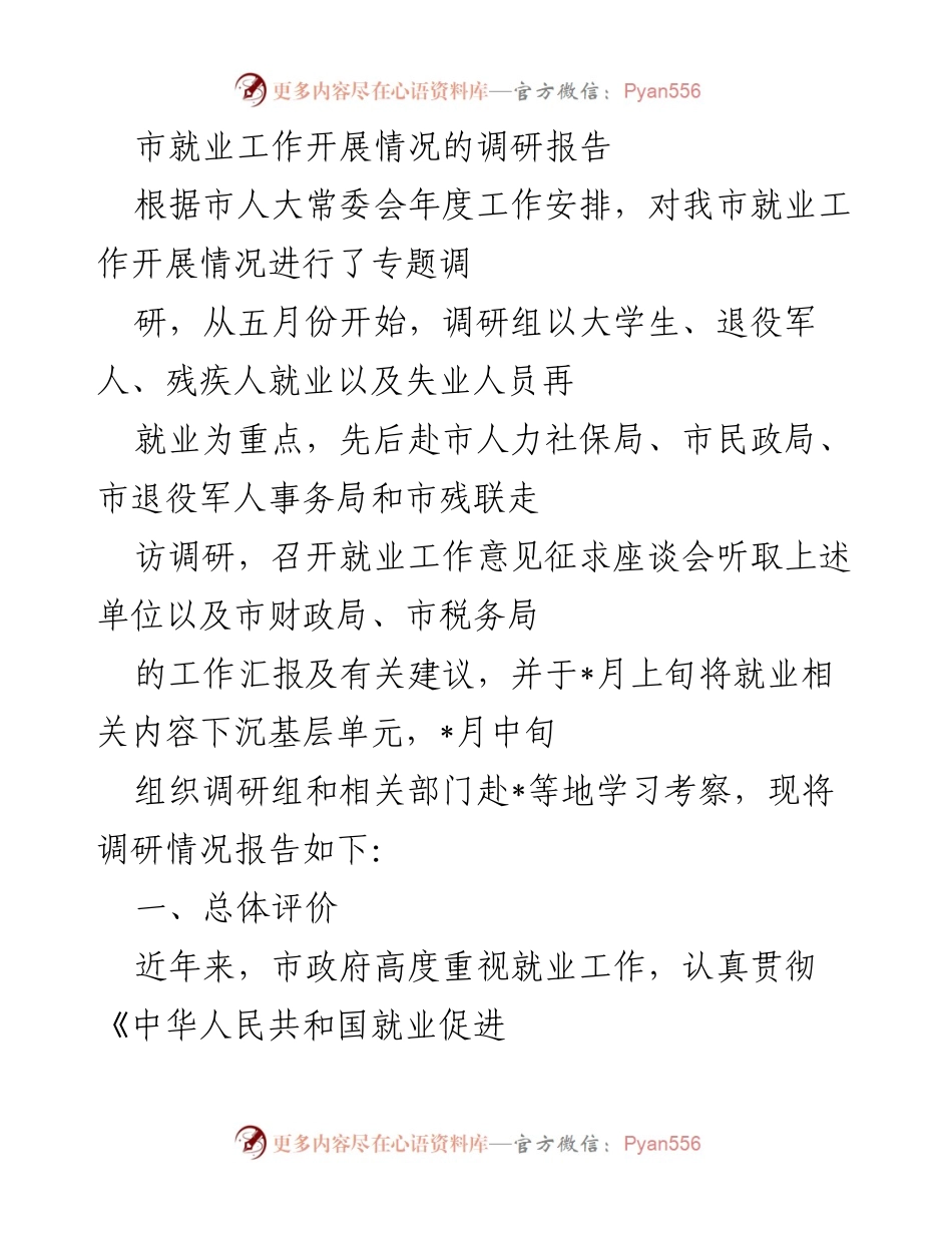 [调研报告] 就业工作 - 市就业工作开展情况调研报告.docx_第1页