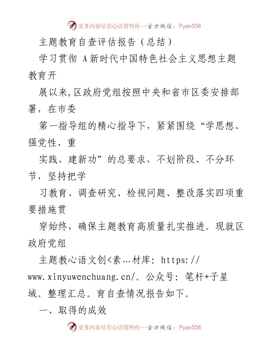 [调研报告] 主题教育自查 - 区政府党组主题教育自查评估报告总结_1.docx_第1页