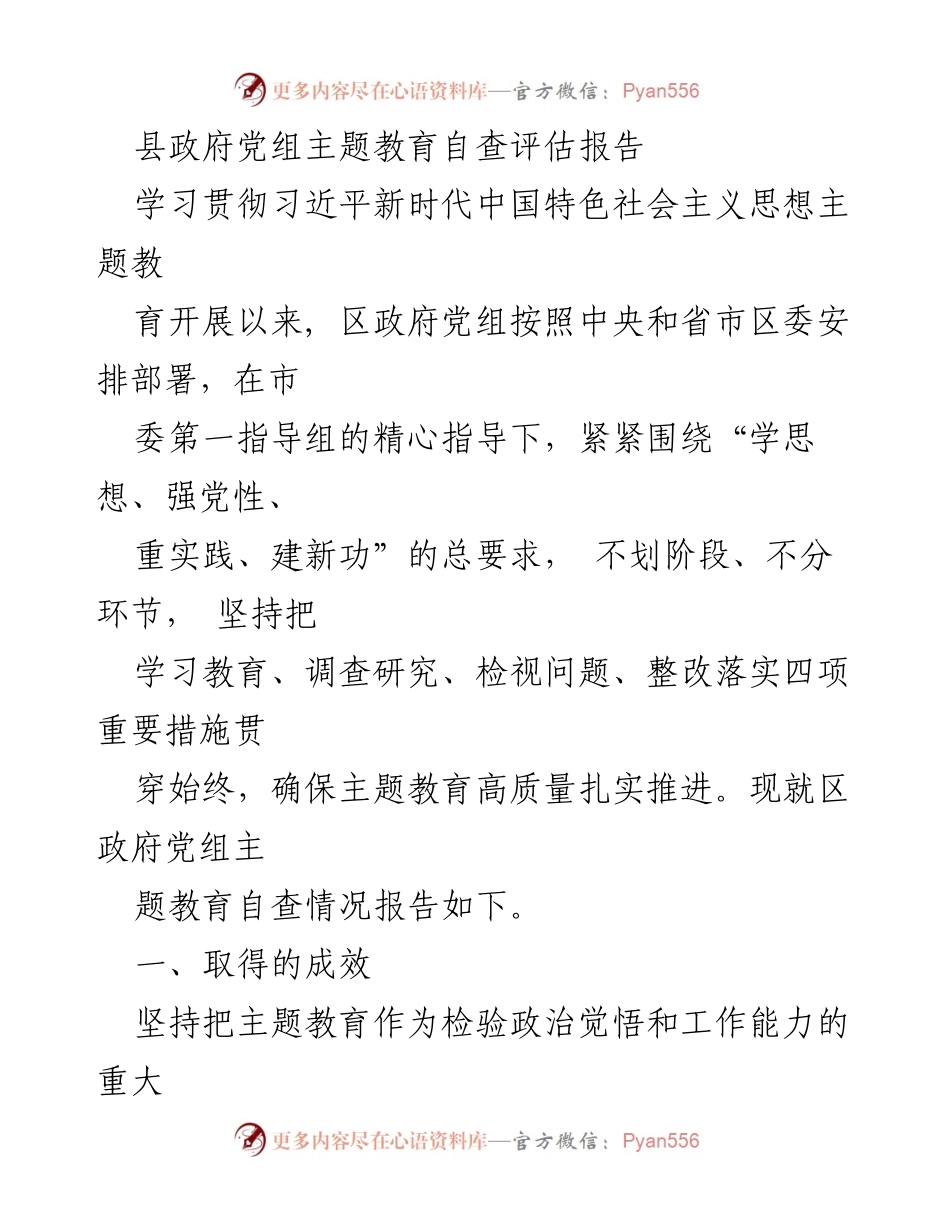 [调研报告] 县政府党组 - 主题教育自查评估报告总结.docx_第1页