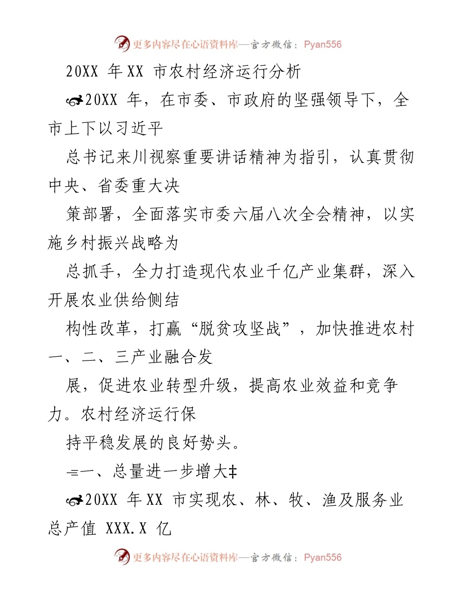 [调研报告] 农村经济分析 - 20XX年XX市农村经济运行分析报告.docx_第1页