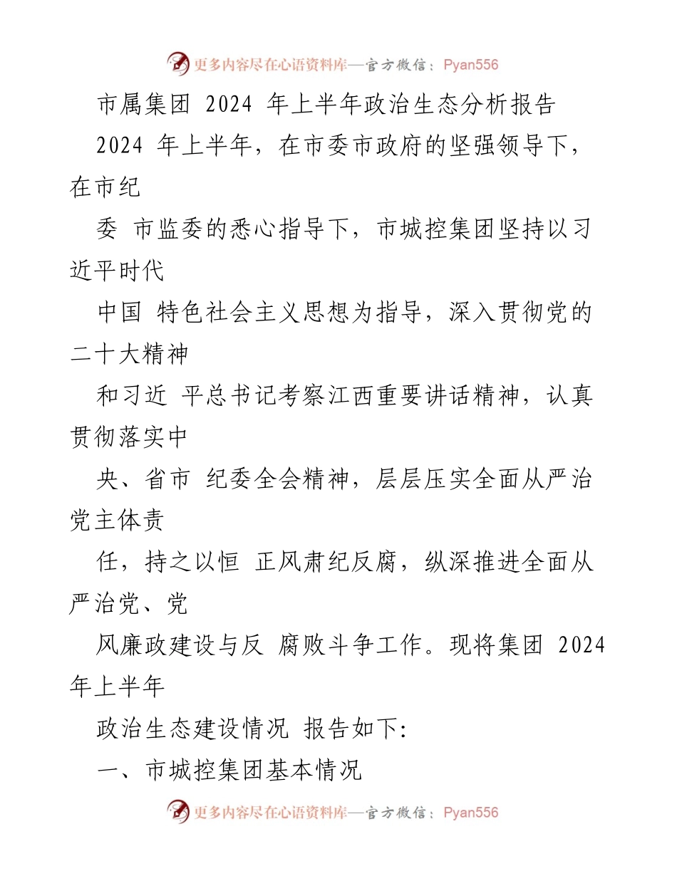 [调研报告] 市属集团 - 2024年上半年市城控集团政治生态分析报告.docx_第1页