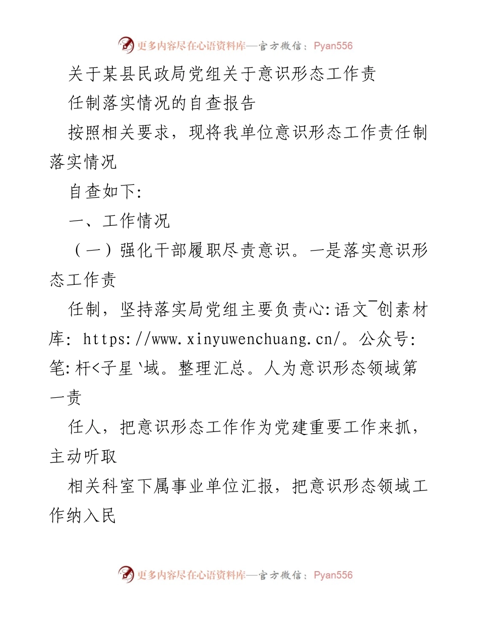 [自查报告] 民政局 - 意识形态工作责任制落实情况自查报告_1.docx_第1页