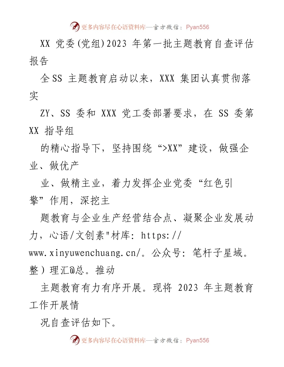 [自查评估报告] 主题教育 - XX集团2023年主题教育自查评估报告.docx_第1页