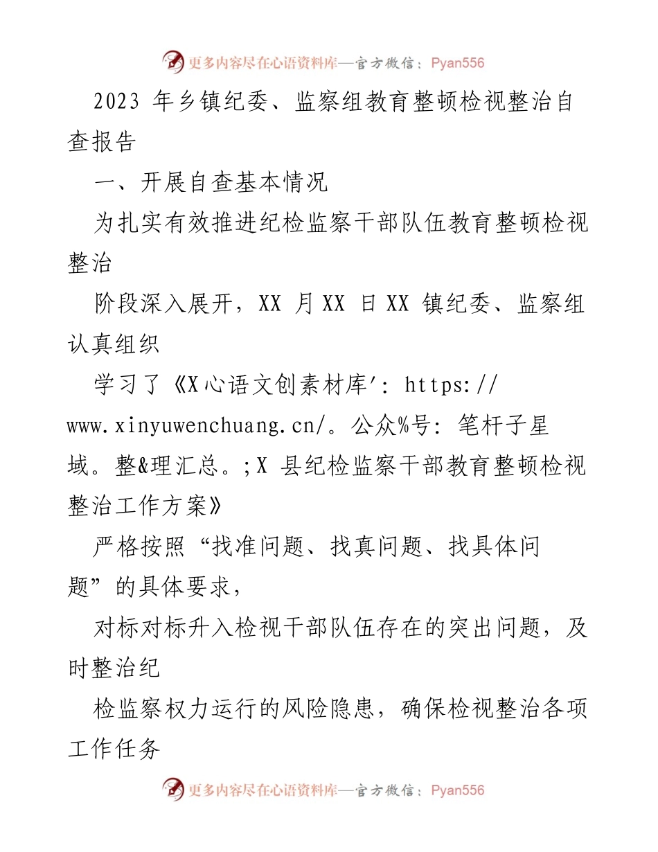 [调研报告] 乡镇纪委、监察组 - 2023年乡镇纪委、监察组教育整顿检视整治自查报告.docx_第1页