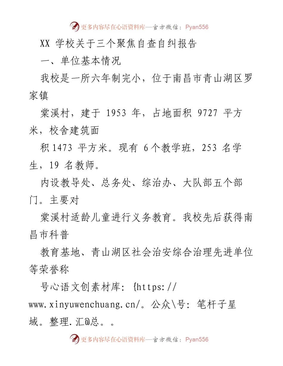 [调研报告] 学校自查 - XX学校“三个聚焦”自查自纠报告分析与整改措施.docx_第1页