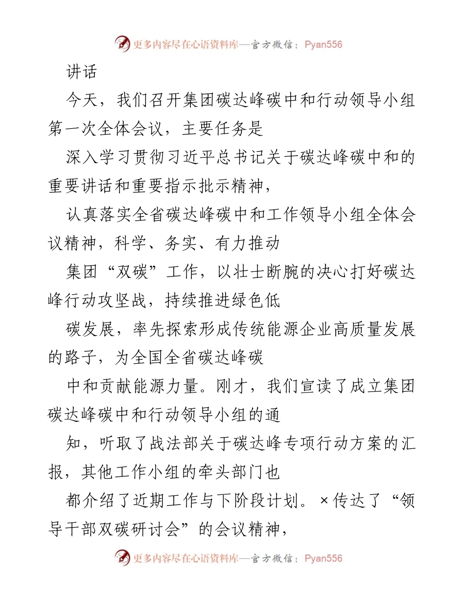 [讲话] 会议 - 碳达峰碳中和行动领导小组第一次全体会议讲话.docx_第1页