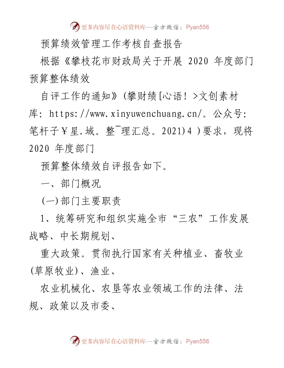 [自查报告] 财政局 - 2020年度部门预算绩效管理自评工作总结.docx_第1页