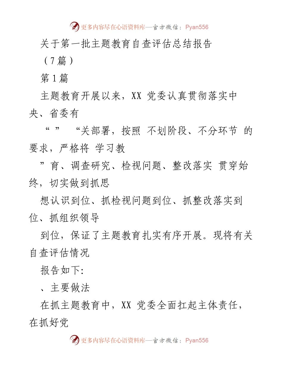 [调研报告] 主题教育自查评估 - 第一批主题教育自查评估总结报告.docx_第1页