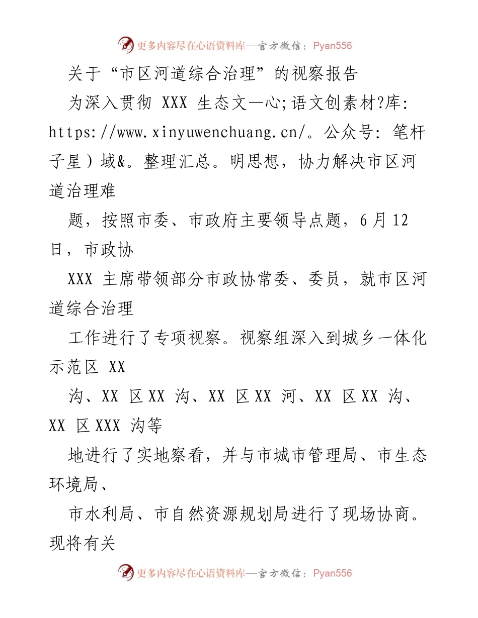 [视察报告] 市区河道治理 - 市区河道综合治理专项视察报告_1.docx_第1页