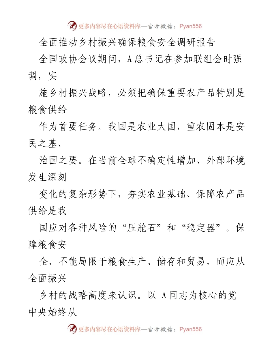 [调研报告] 全国政协会议 - 全面推动乡村振兴与粮食安全策略分析.docx_第1页