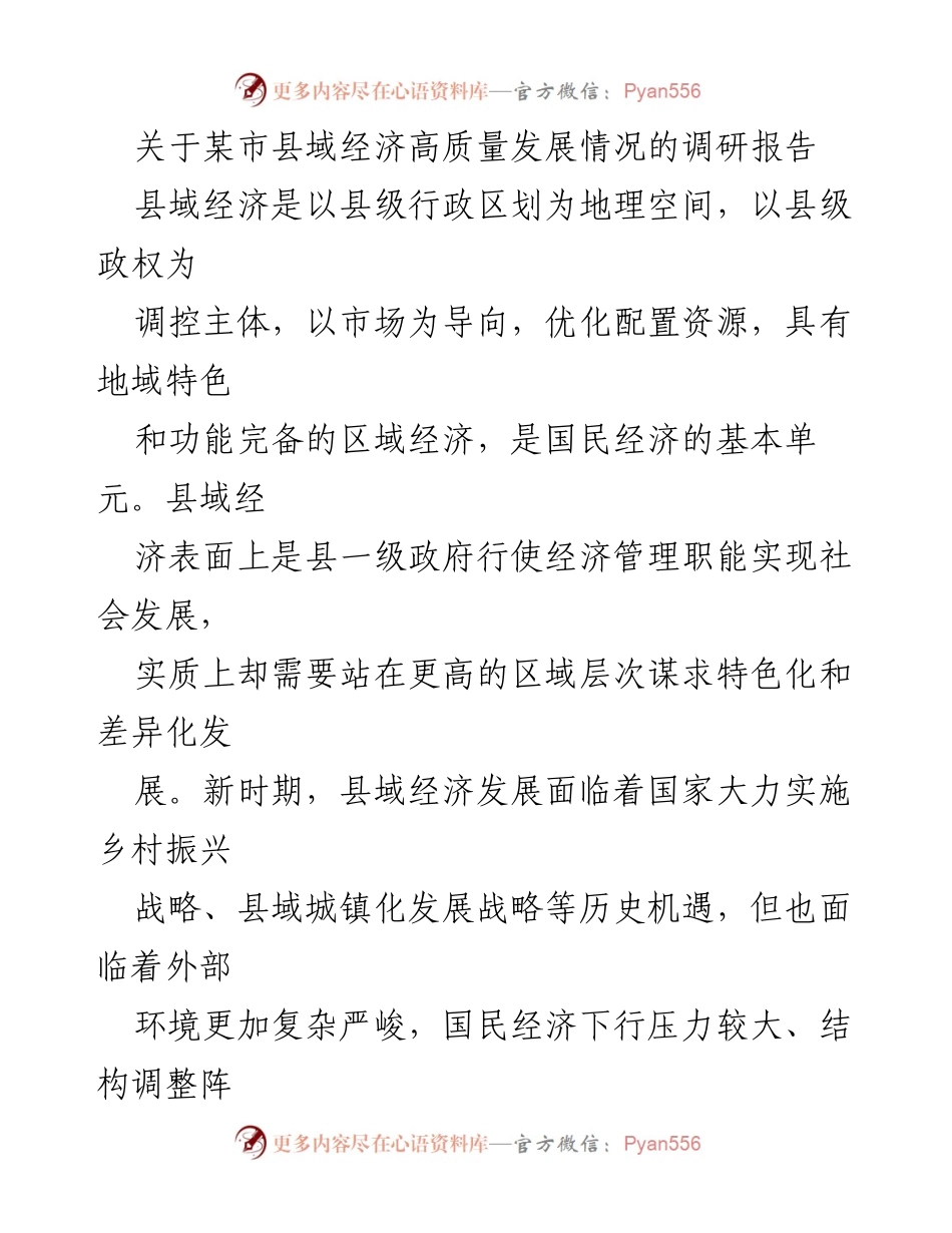 [调研报告] 县域经济发展 - 某市县域经济高质量发展现状与挑战分析.docx_第1页