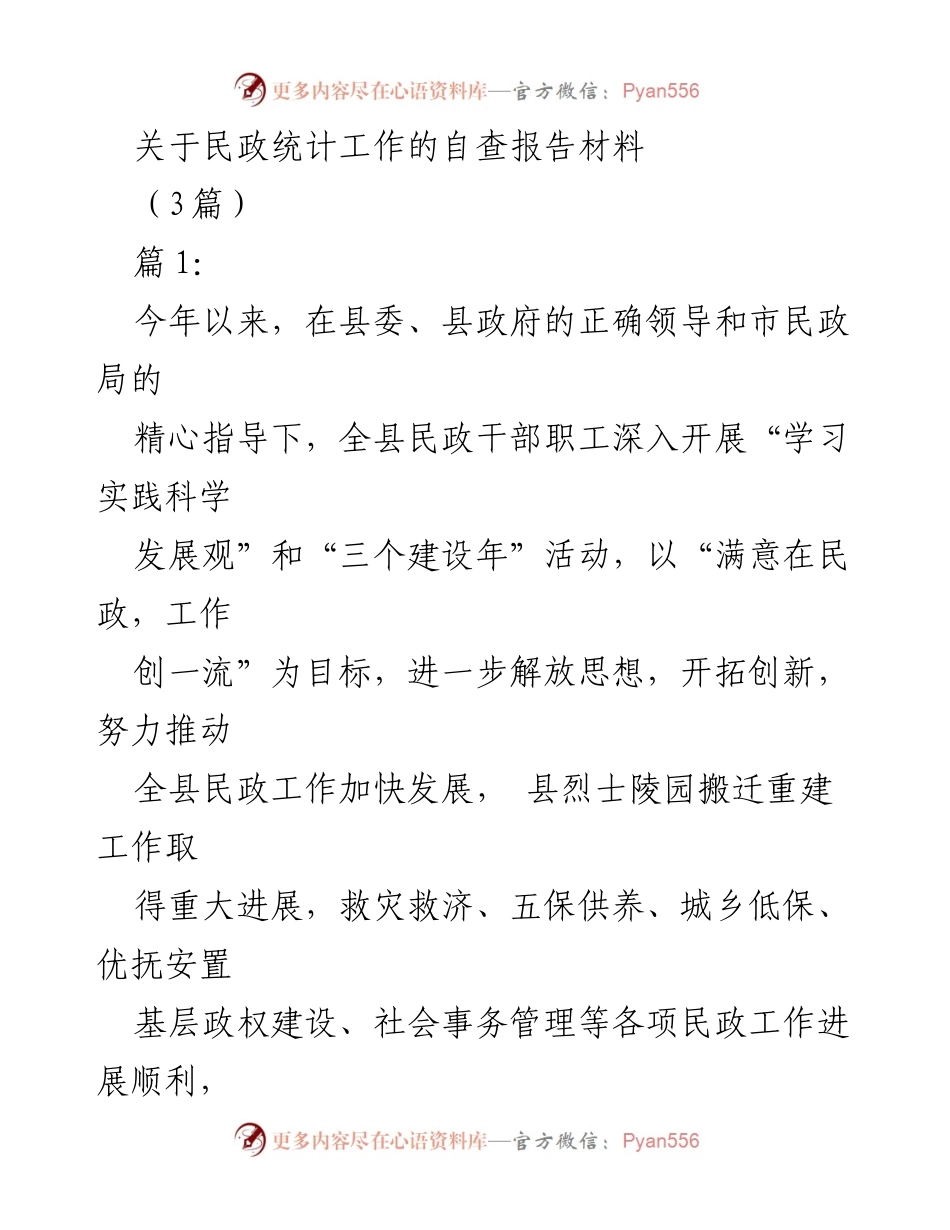 [自查报告] 民政统计工作 - 民政统计工作自查报告总结与进展.docx_第1页