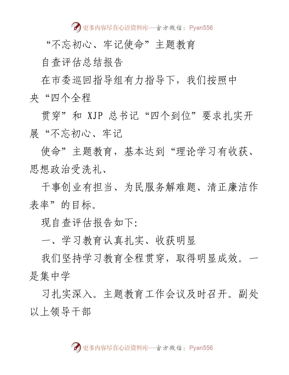 [自查评估总结报告] 主题教育 - 不忘初心、牢记使命主题教育自查评估总结报告.docx_第1页