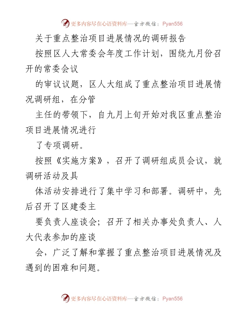 [调研报告] 区人大常委会 - 重点整治项目进展调研情况总结.docx_第1页