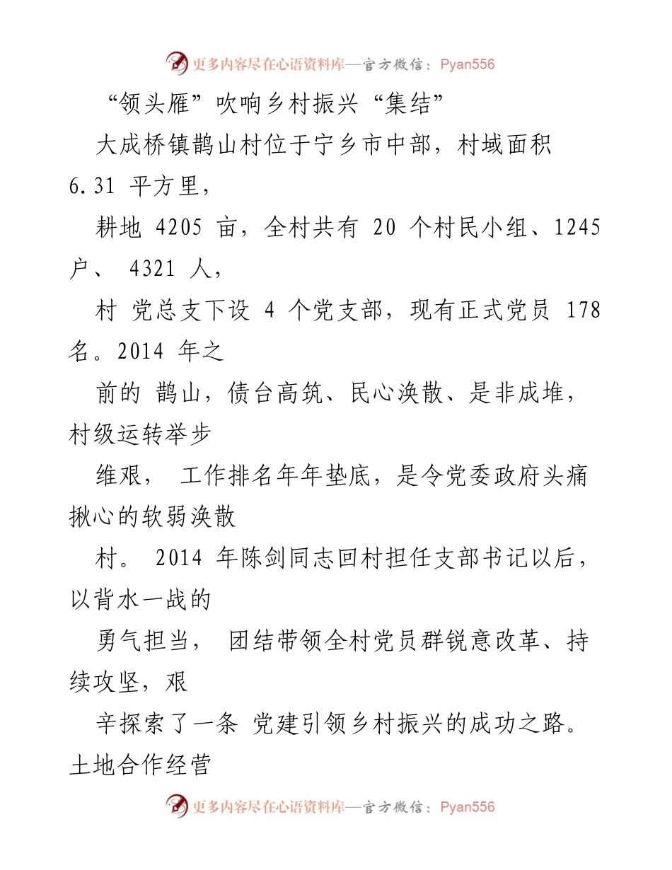 [调研报告] 乡村振兴 - 党建引领乡村振兴的成功探索：鹊山村的实践与成就.docx_第1页