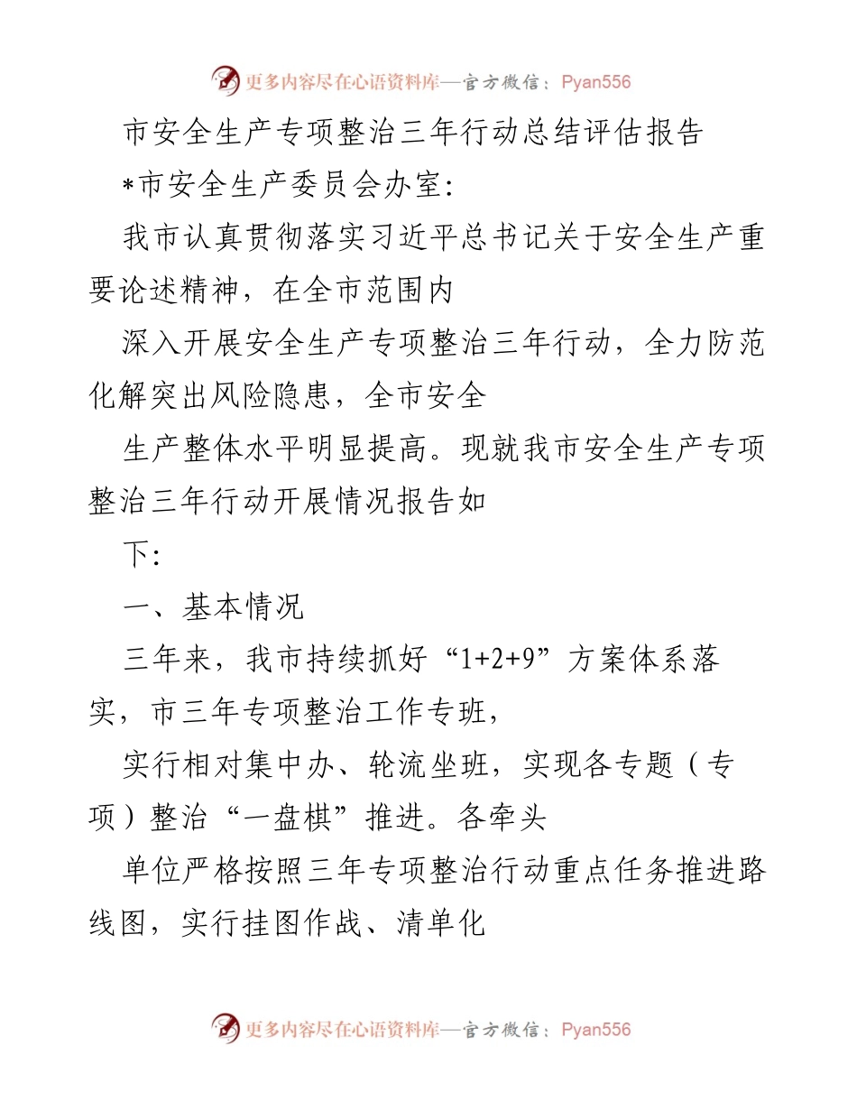 [调研报告] 市安全生产委员会 - 市安全生产专项整治三年行动总结评估报告.docx_第1页
