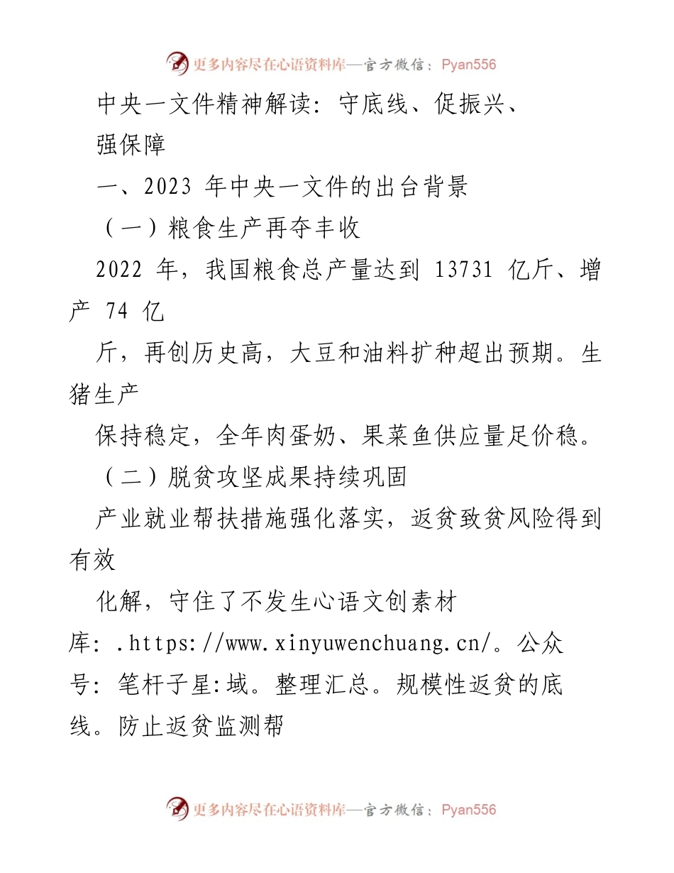 [调研报告] 乡村振兴 - 2023年中央一文件精神解读：守底线、促振兴、强保障.docx_第1页