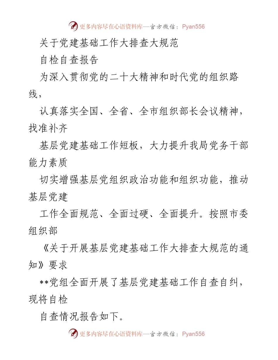 [自检自查报告] 党建工作会议 - 基层党建基础工作大排查与规范总结.docx_第1页