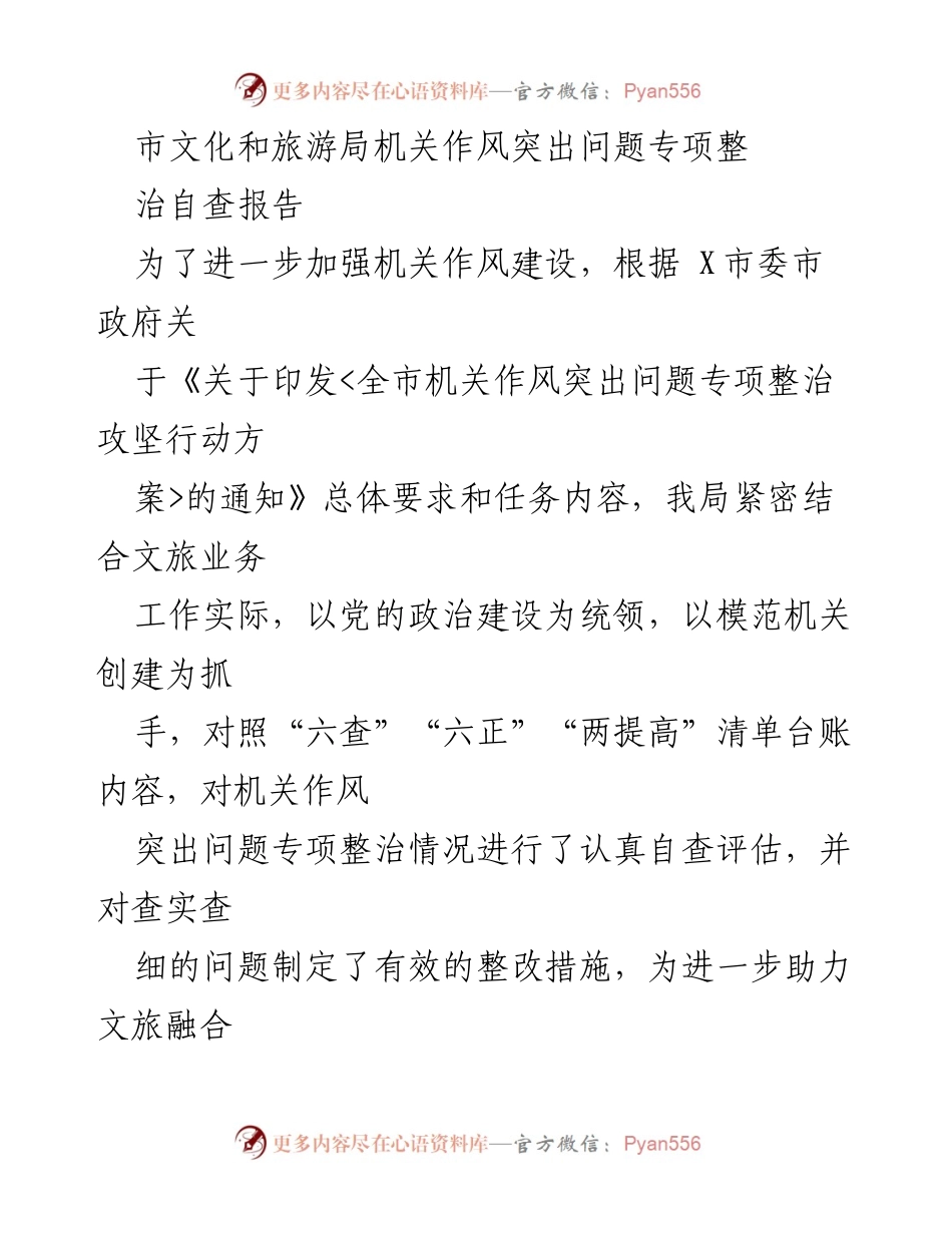 [自查报告] 机关作风建设 - 市文化和旅游局机关作风问题专项整治自查报告.docx_第1页