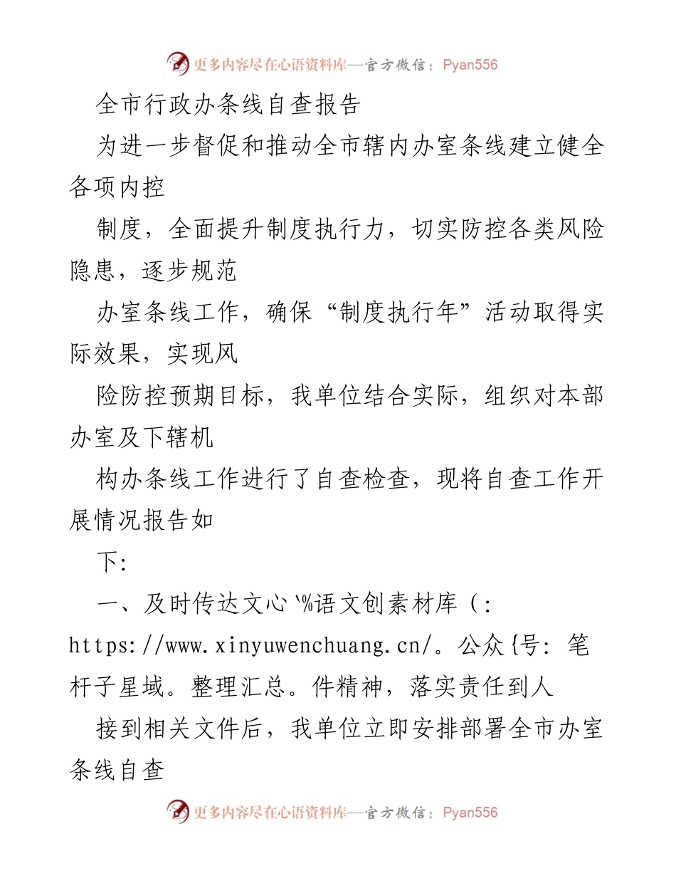[自查报告] 行政工作 - 全市行政办条线自查工作总结报告.docx_第1页