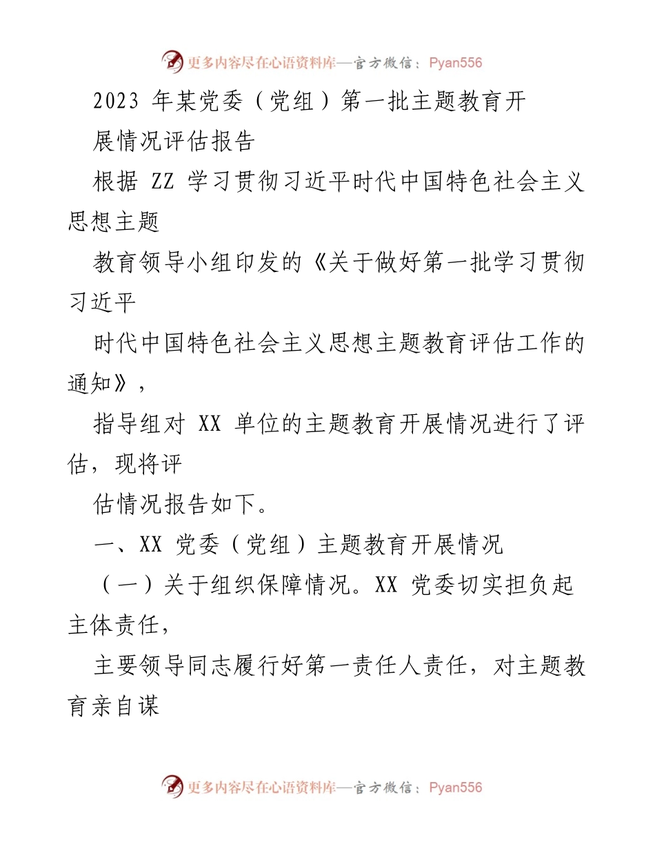 [评估报告] 主题教育 - 2023年某党委（党组）第一批主题教育开展情况评估报告.docx_第1页