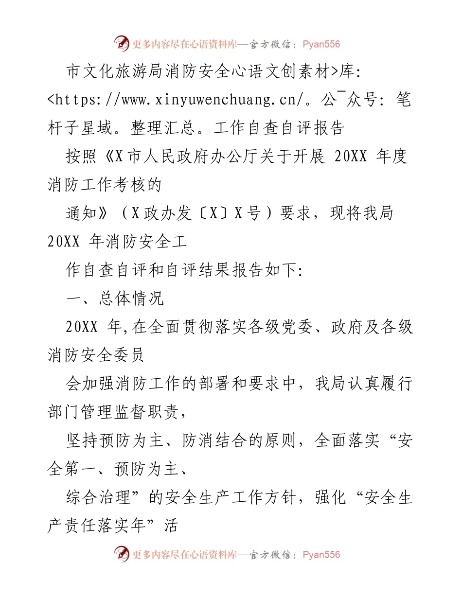 [自查报告] 市文化旅游局 - 20XX年度消防安全工作自查自评报告.docx_第1页