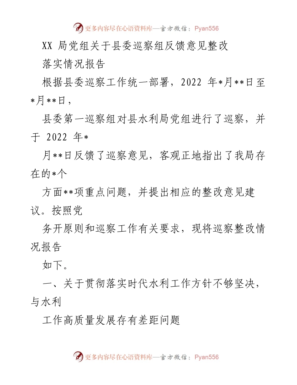 [落实情况报告] 巡察整改 - 县水利局党组巡察整改落实情况报告.docx_第1页