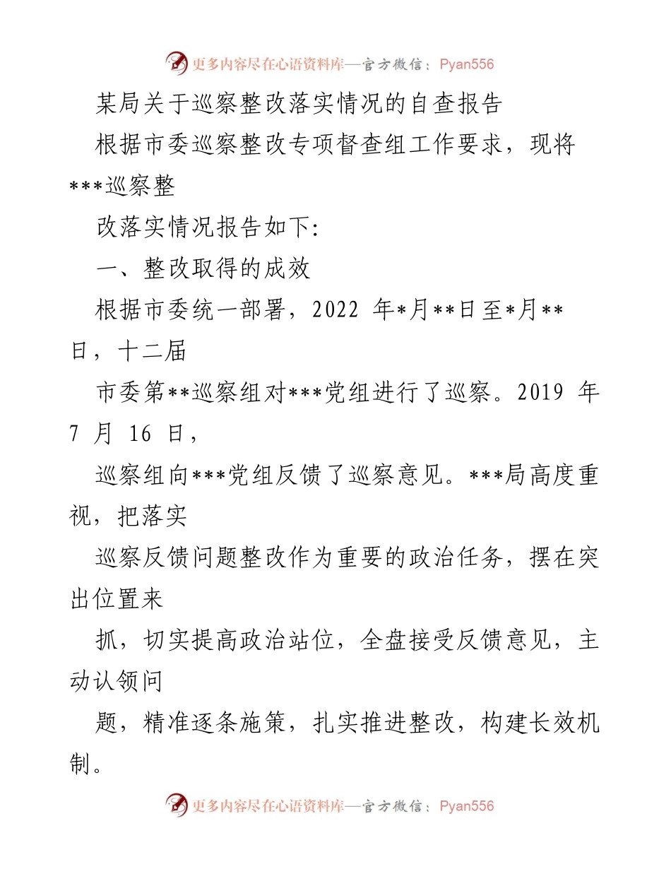 [调研报告] 巡察整改 - 巡察整改落实情况自查报告.docx_第1页