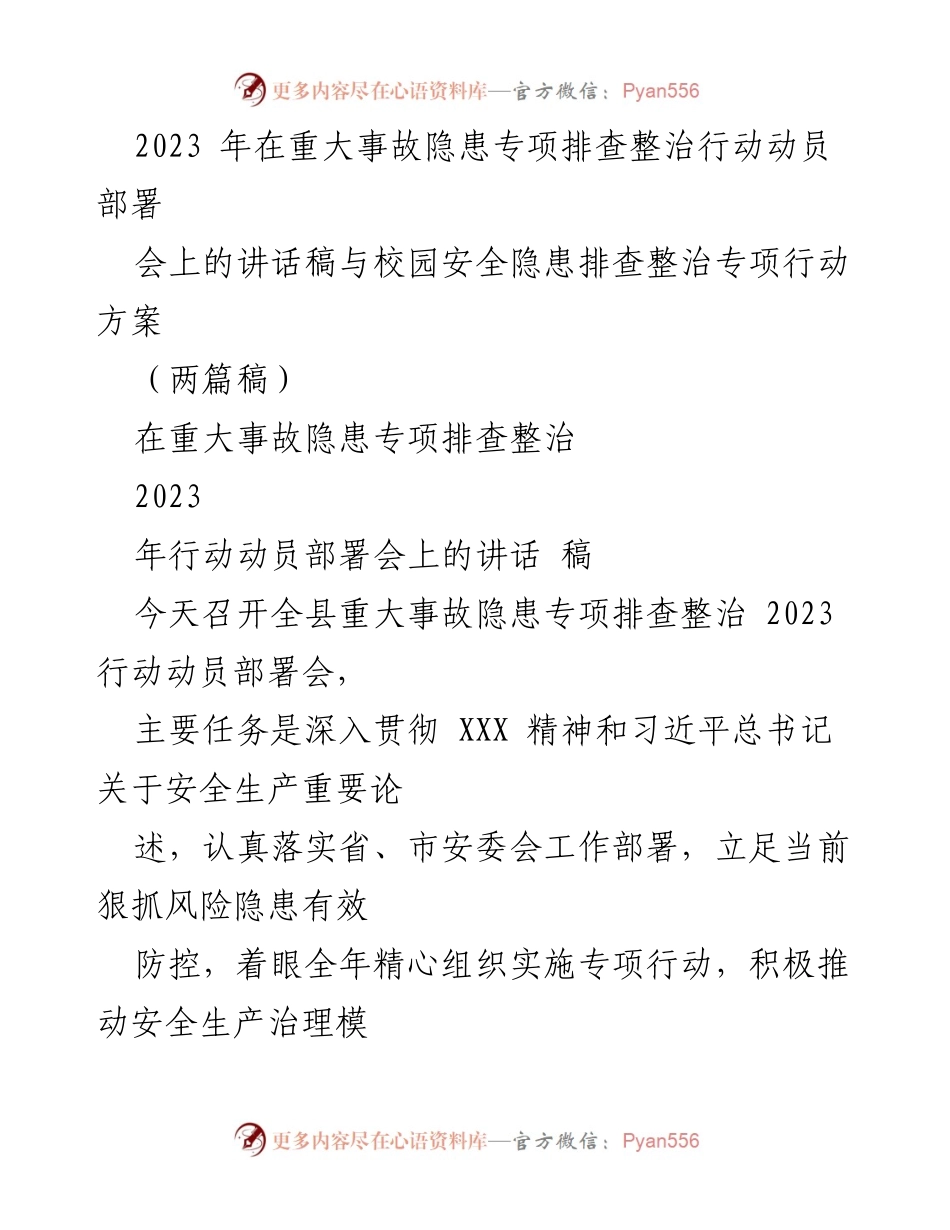 [讲话稿] 会议 - 2023年重大事故隐患专项排查整治行动动员部署会讲话.docx_第1页