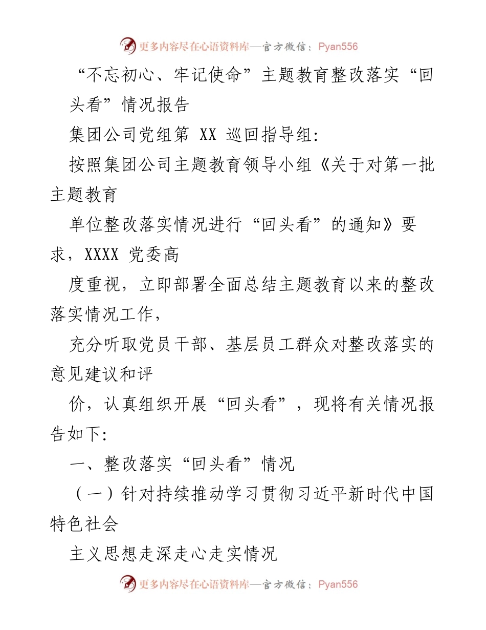 [调研报告] 主题教育整改落实 - “不忘初心、牢记使命”主题教育整改落实“回头看”情况报告.docx_第1页