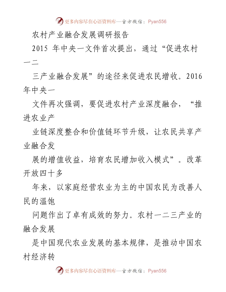 [调研报告] 农村产业融合发展 - 农村产业融合发展的路径与现状分析.docx_第1页