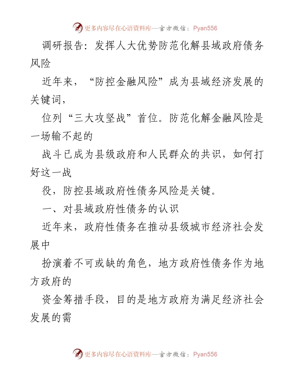 [调研报告] 县域经济发展 - 防范化解县域政府债务风险的策略与思考.docx_第1页