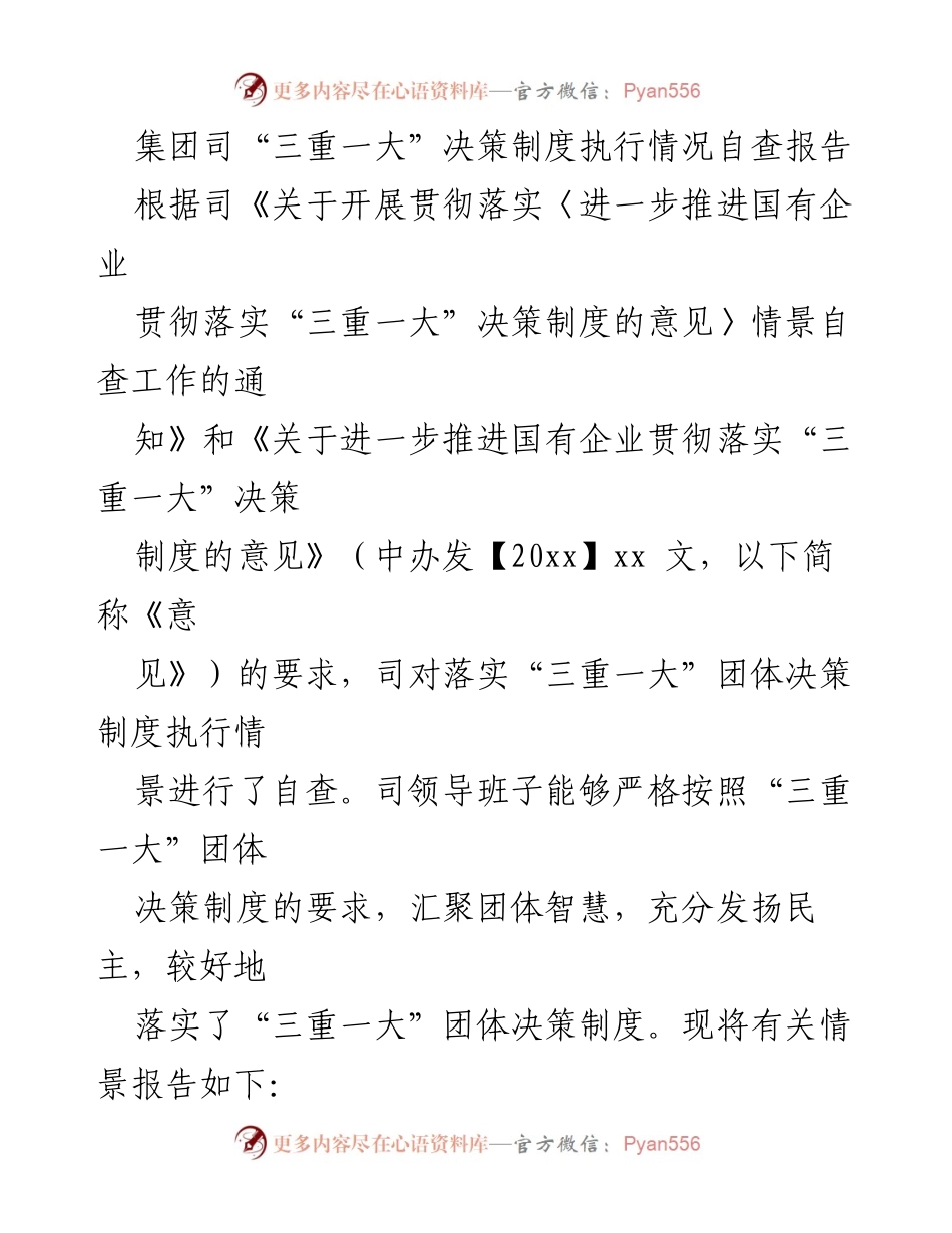 [自查报告] 集团司 - “三重一大”决策制度执行情况自查报告.docx_第1页